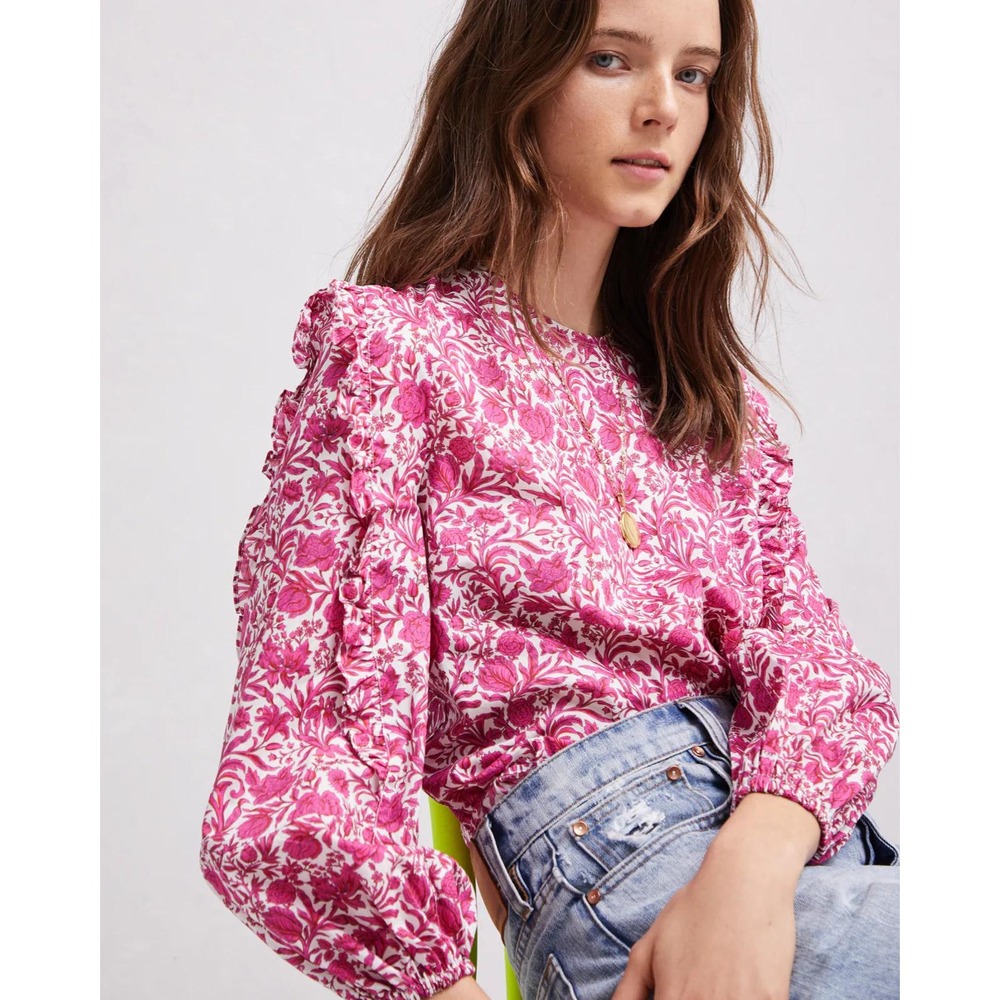 J.Crew Liberty Fabric Pink Floral Ruffle Sleeve Button Shoulder Top Small